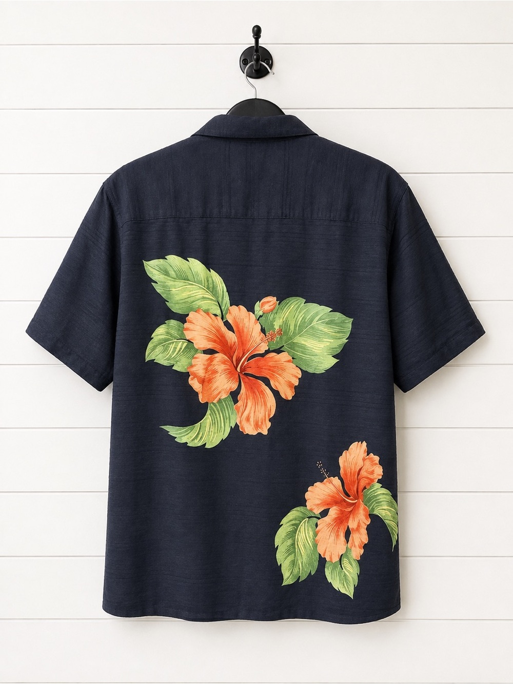 Tommy Bahama Black Shirt with Orange Hibiscus and Green Leaves - Picture 2 of 3